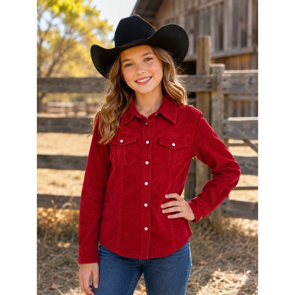 At Last Girls Red Corduroy Western Snap Button Shirt Jacket Small